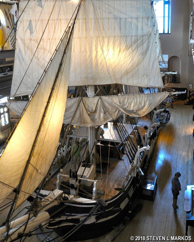 View of the whaling ship Lagoda from the upper level of the New Bedford Whaling Museum