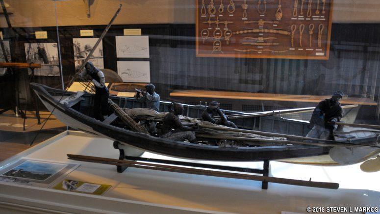 Model whaleboat used in the 1956 film Moby Dick on display in the New Bedford Whaling Museum