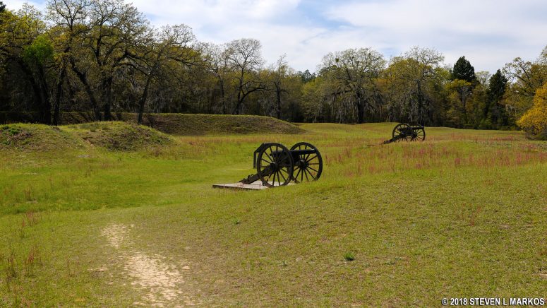 The original Star Fort walls at Andersonville Prison are now small hills due to 150 years of erosion