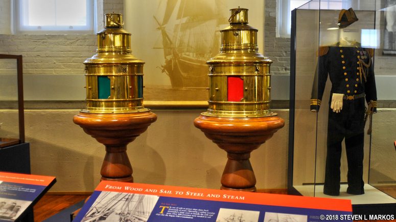 Binnacles, a ship’s exterior running lights, from the USS Wabash (1856) at the Charlestown Navy Yard Museum inside the visitor center, Boston National Historical Park