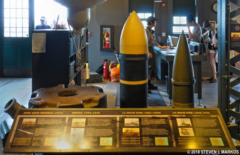 Display of rifled artillery shells inside Georges Island Visitor Center's Fort Warren Museum, Boston Harbor Islands National Recreation Area