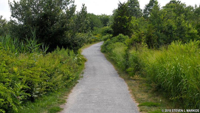 Paved path and hilly terrain at Web Memorial Park, Boston Harbor Islands National Recreation Area