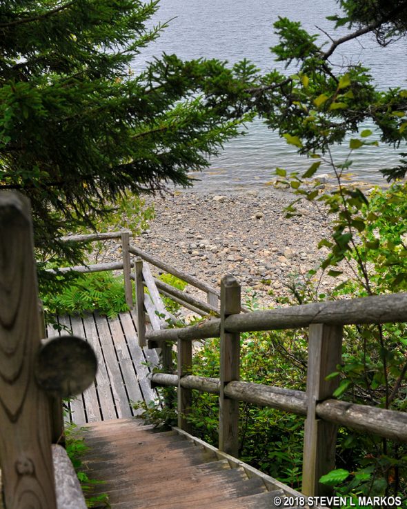 Staircase leads down from the Pretty March Picnic Area to the waters of Pretty Marsh Harbor in Acadia National Park