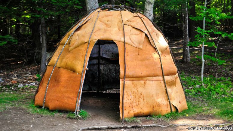 Authentic birchbark wigwam on display at Sieur de Monts Spring in Acadia National Park