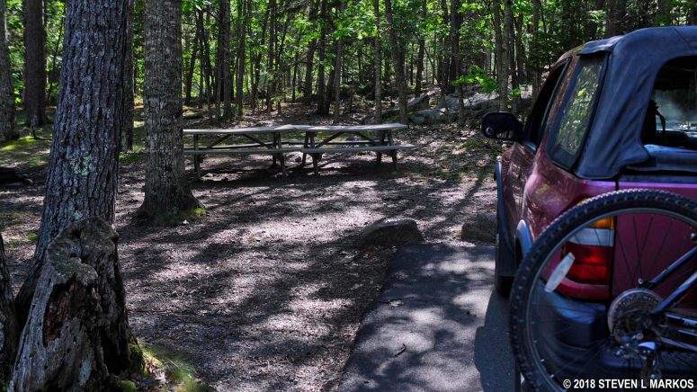 Single-vehicle parking space for two tables at the Bear Brook Picnic Area in Acadia National Park