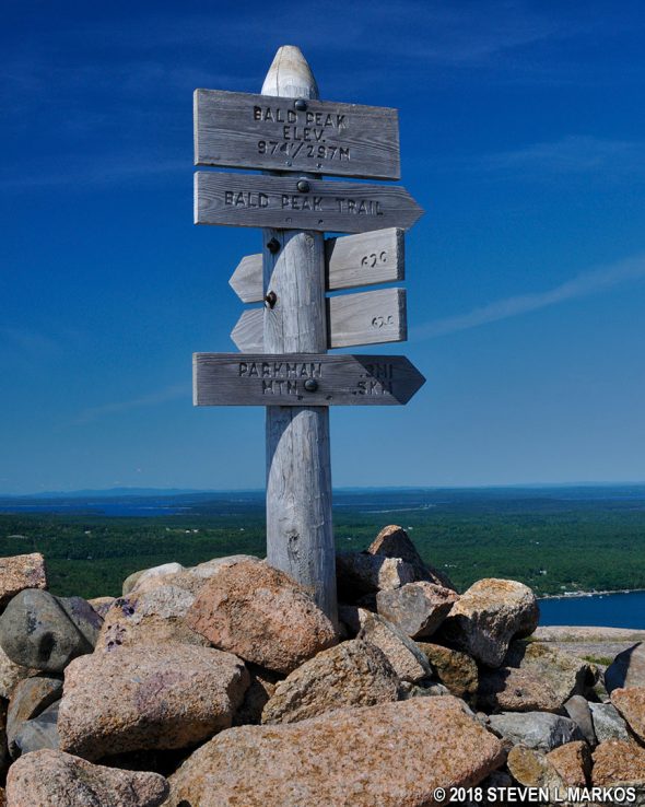 Sign marks the summit of Acadia National Park's Bald Peak