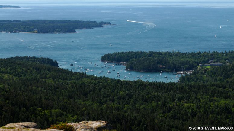 South view of Northeast Harbor from the summit of Acadia National Park's Bald Peak