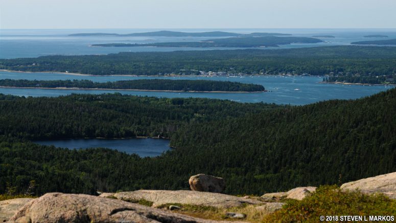 Southwest view from Acadia National Park's Bald Peak of Lower Hadlock Pond, Greening Island in Somes Sound, and Blue Hill Bay