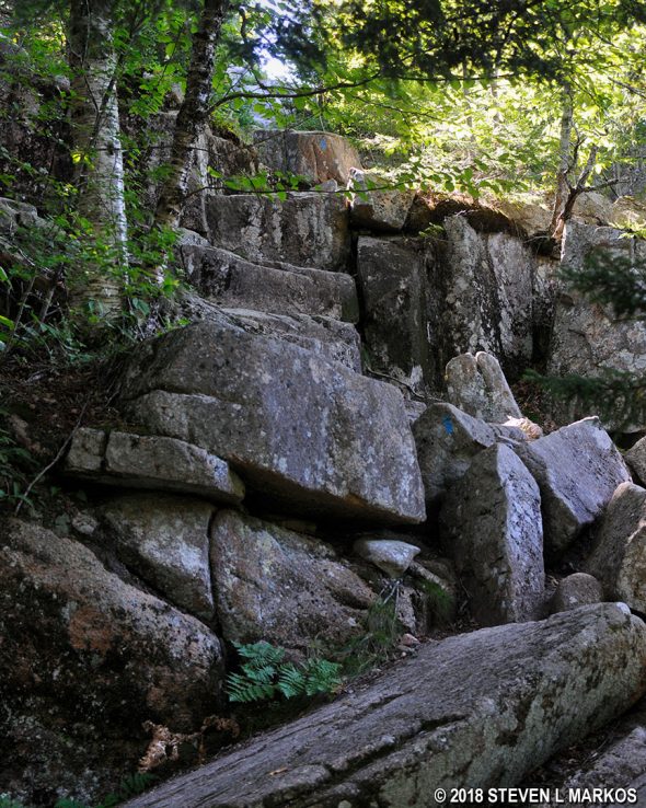 Steep and rocky terrain on the descent along the Bald Peak Trail from the Bald Peak summit, Acadia National Park
