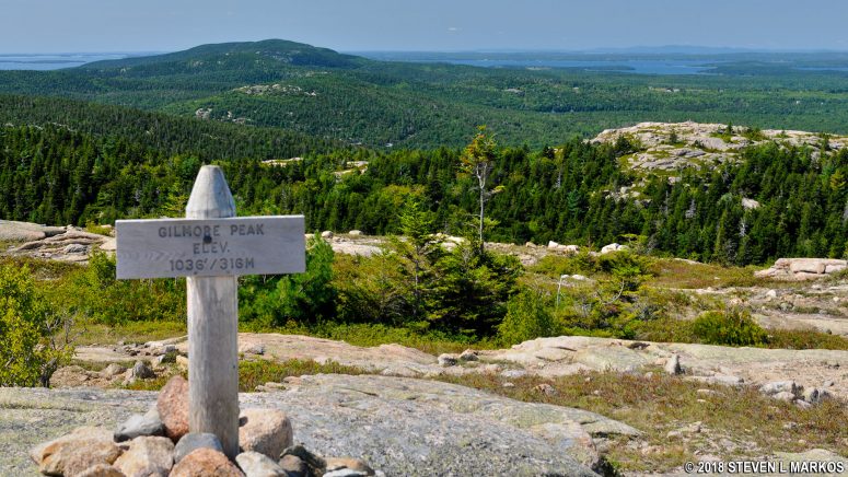 Sign marks the summit of Acadia National Park's Gilmore Peak