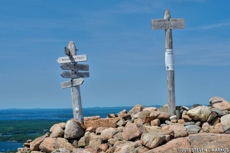 Sign marks the summit of Acadia National Park's Sargent Mountain
