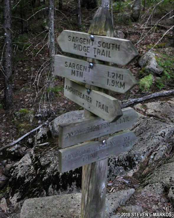 Sign at the intersection of Sargent South Ridge and Amphitheater trails in Acadia National Park 