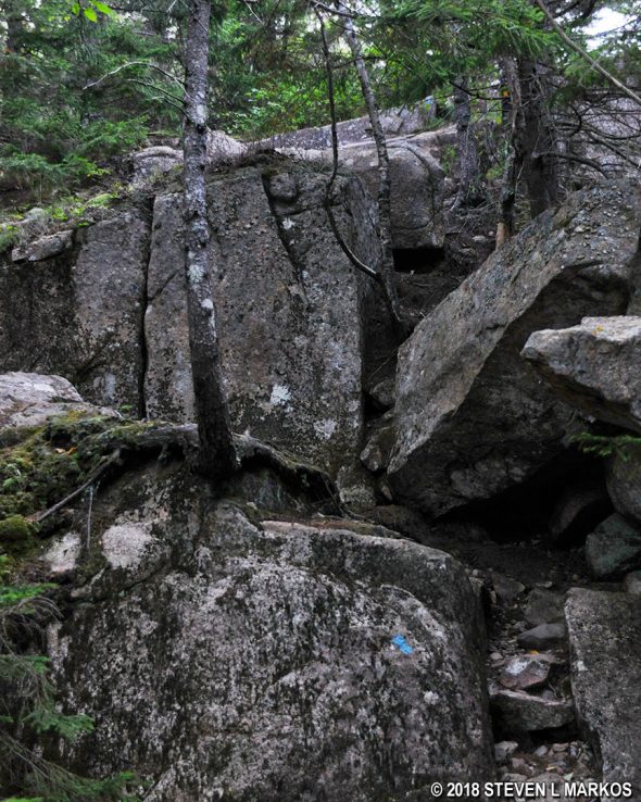 Boulders to scale along the Sargent South Ridge Trail on the way to Cedar Swamp Mountain in Acadia National Park