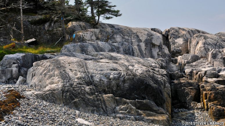Large rocks are part of the Western Head Trail when near the shore of Isle au Haut in Acadia National Park