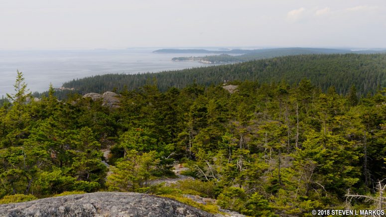 Clear view from Duck Harbor Mountain northwest to Moores Harbor on Isle au Haut, Acadia National Park