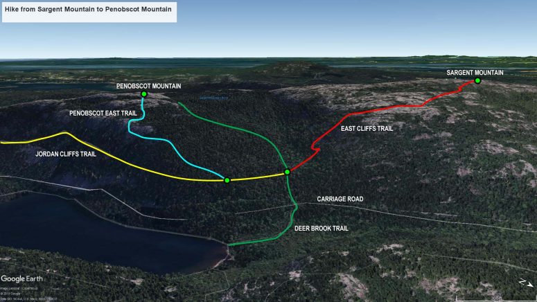 Sargent Mountain to Penobscot Mountain trail map (click to enlarge)