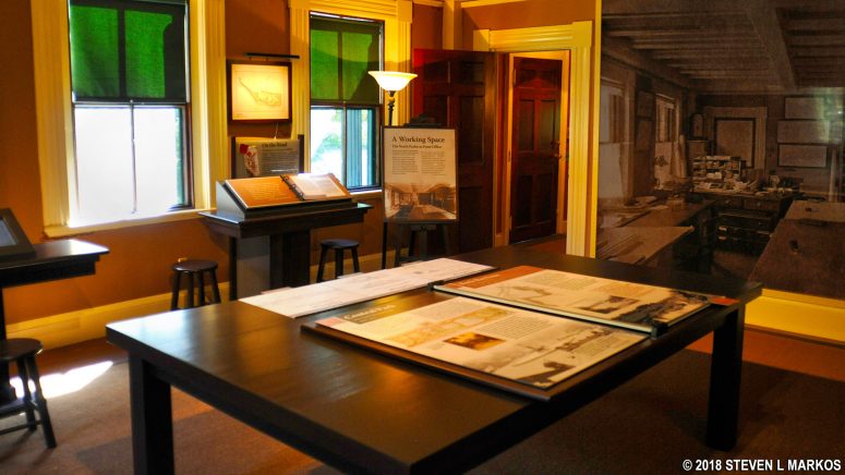 Exhibits inside the main house at the Frederick Law Olmsted National Historic Site