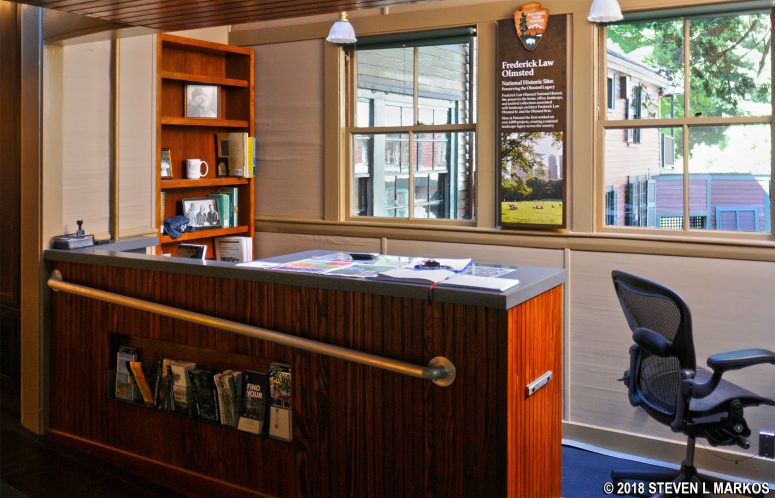 National Park Service information desk inside Fairsted, Frederick Law Olmsted National Historic Site