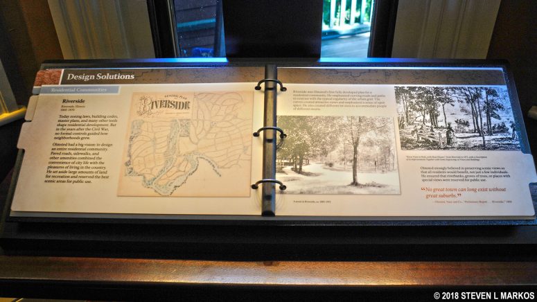 Exhibit on landscape projects of the Olmsted firm on display inside Fairsted, Frederick Law Olmsted National Historic Site