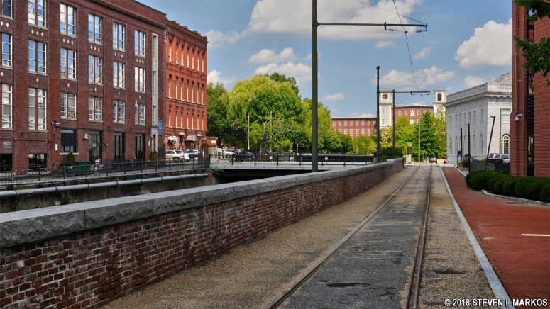Trolley tracks along the Eastern Canal in Lowell, Massachusetts