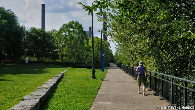 Section of the Merrimack Riverwalk in Lowell, Massachusetts, without a view of the Merrimack River