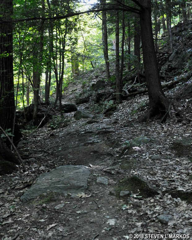 Rocky and steep terrain just before reaching the northeastern end of the Precipice Trail, Marsh-Billings-Rockefeller National Historical Park