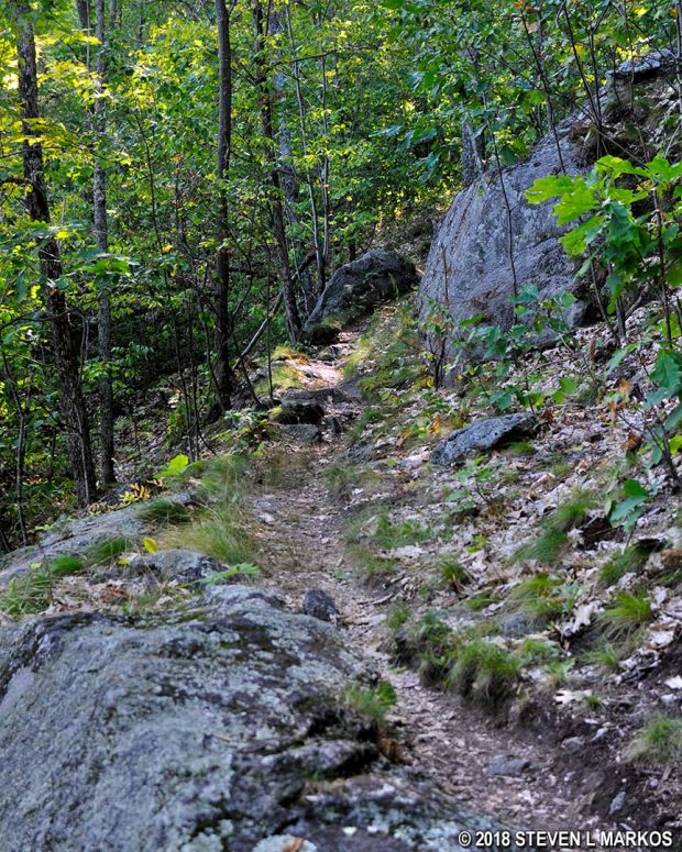 Narrow pathway of the Precipice Trail in Marsh-Billings-Rockefeller National Historical Park