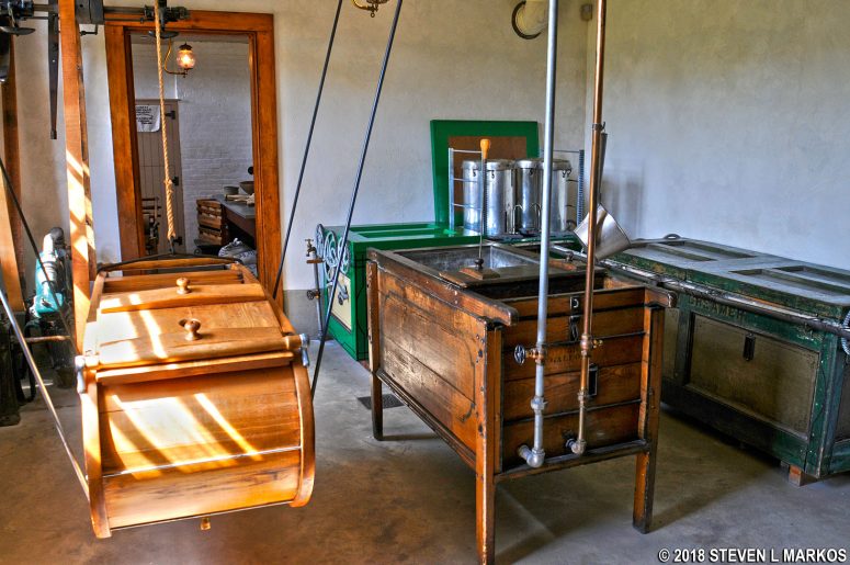Butter churn (left) and other equipment in the Creamery of the 1890 Farm Manager's House at Billing Farm and Museum in Woodstock, Vermont