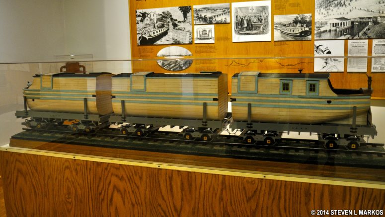 Model of sectional canal boats used to transport people and cargo on display at the Allegheny Portage Railroad National Historic Site Visitor Center