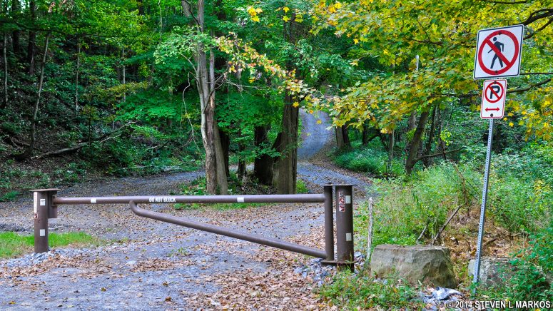 Gate to the 6 to 10 Trail parking lot near Muleshoe Bridge on Old Route 22, Allegheny Portage Railroad National Historic Site