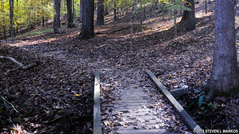 Stay left at the footbridge near the top of the hill between intersections JB 6 and JB 7 on the Jones Bridge unit trail in Chattahoochee River National Recreation Area