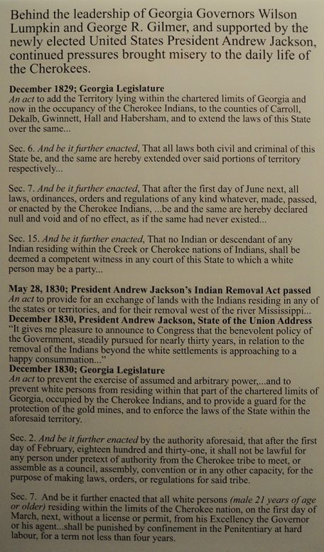 Display about Georgia laws designed to make life for the Cherokee miserable.