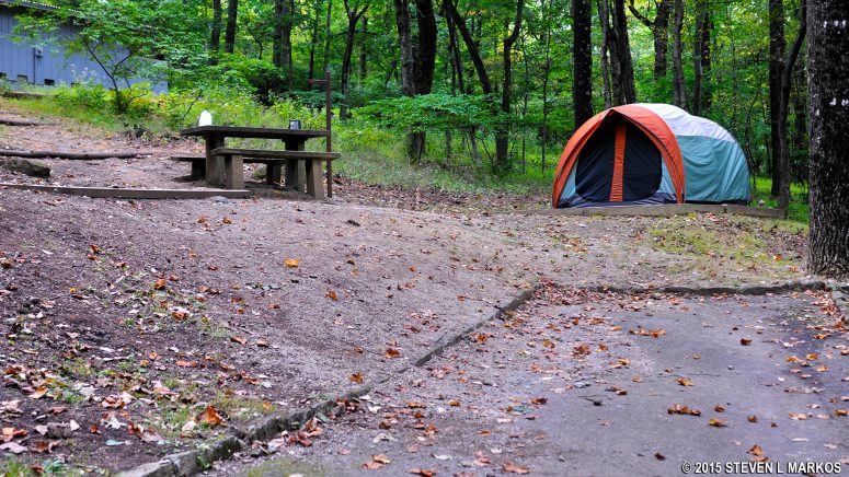 Hilly tent camping site at Peaks of Otter Campground on the Blue Ridge Parkway