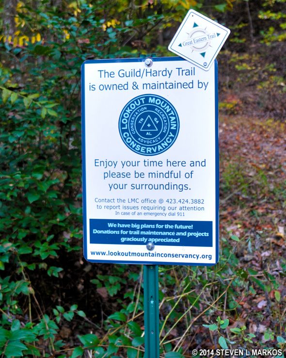 Sign marking the Guild/Hardy Trails, which meet at the intersection with the Upper Truck Trail, Chickamauga and Chattanooga National Military Park