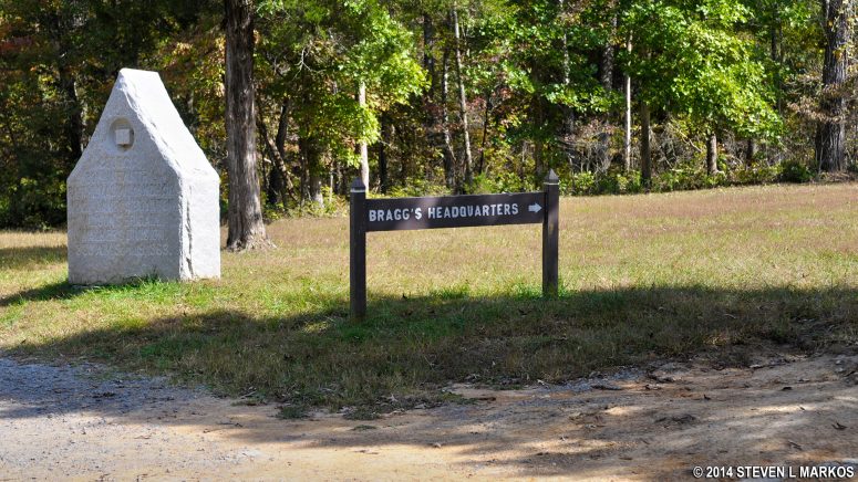 Sign directing visitors to the General Bragg’s headquarters in the Chickamauga Unit of Chickamauga and Chattanooga National Military Park