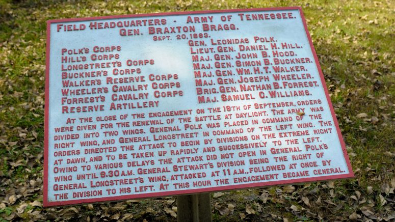 Tablet with information about the Bragg Headquarters area in the Chickamauga Unit of Chickamauga and Chattanooga National Military Park