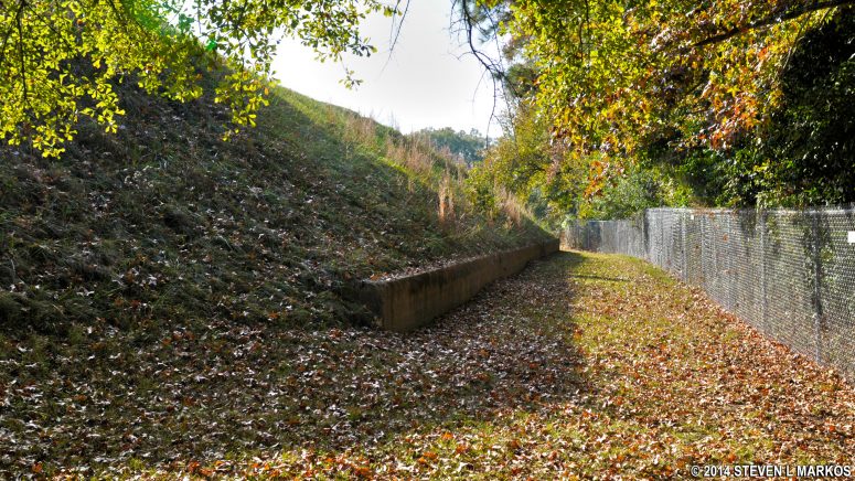 The back side of Ocmulgee Funeral Mound was shaved off when the railroad was cut through the area