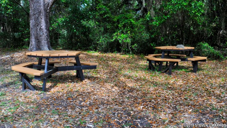 Picnic tables at the Bloody Marsh Unit of Fort Frederica National Monument