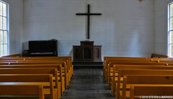 Interior of Palmer Chapel in the Cataloochee region of Great Smoky Mountains National Park