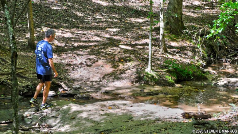 Crossing a small creek via stepping stones between intersections BI 3 and BI 20 in the Bowmans Island Unit of Chattahoochee River National Recreation Area