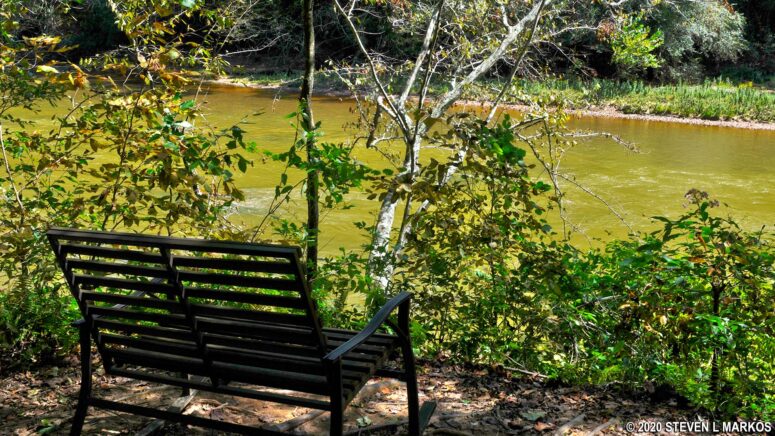 Bench at an overlook on the Chattahoochee River near trail intersection BI 20 in the Bowmans Island Unit of Chattahoochee River National Recreation Area