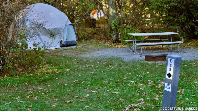 One of the more level tent sites at the Mount Pisgah Campground on the Blue Ridge Parkway