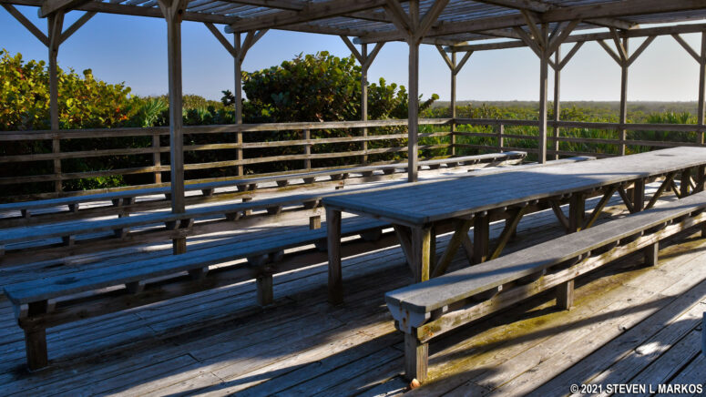 Covered pavilion at the top of the Eddy Creek boardwalk to the beach, Canaveral National Seashore