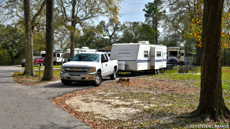 A lot of trees, but the shade is spotty at Davis Bayou Campground, Gulf Islands National Seashore