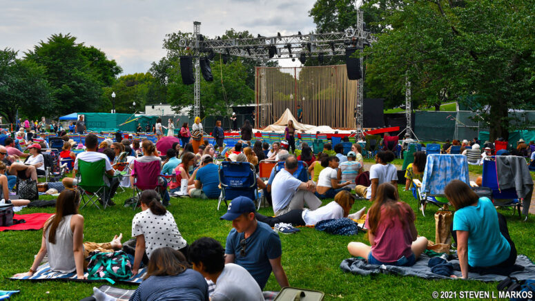 Visitors gather at Boston Common for a free production of a Shakespeare play