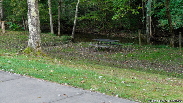 Tables at Burns Branch Picnic Area are located down a hill from the parking lot