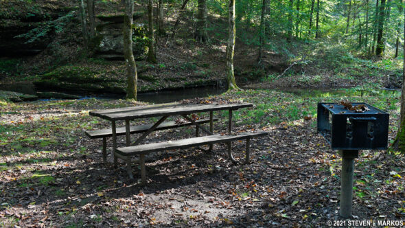 Picnic table and grill situated along the Glenrock Branch, a small creek