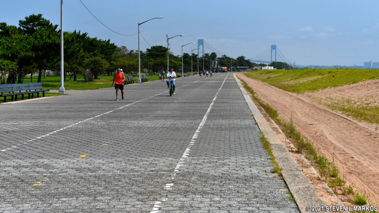 The Multi-Use Path runs along the beach until reaching the elevated Franklin B Roosevelt Boardwalk on Staten Island