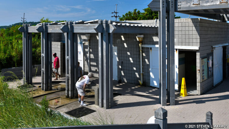 Restrooms and rinse-off showers at the Sandy Hook Beach B bathhouse, Gateway National Recreation Area