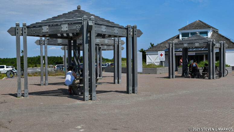Picnic tables (lifeguard station in background) at Sandy Hook's Beach D